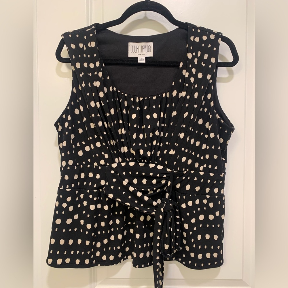 Julian Taylor Women's Black and Cream Polka Dot Sleeveless Peplum Blouse Size 14